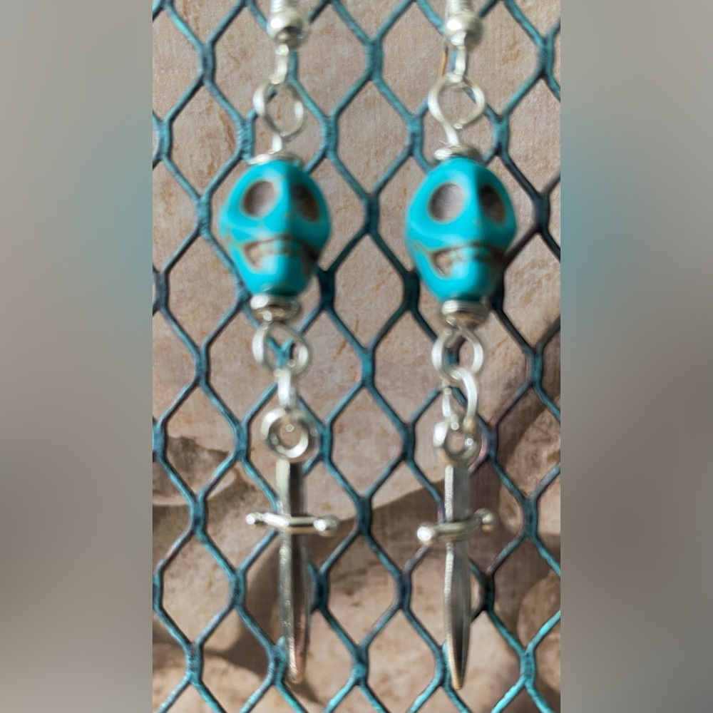 Turquoise Skull and Dagger Earrings